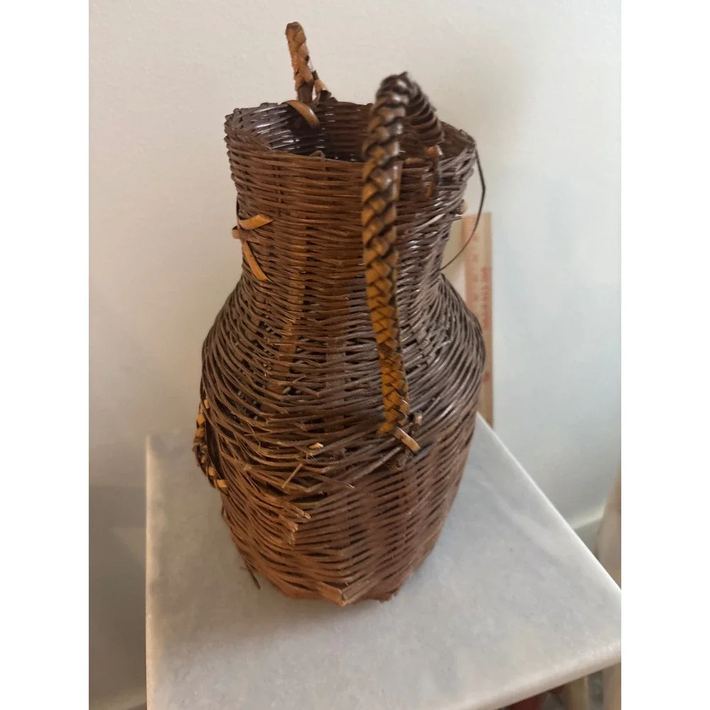Vintage Hand Woven Wicker Amphora Basket Vase Dual Handles Dark Brown 12 Inch
